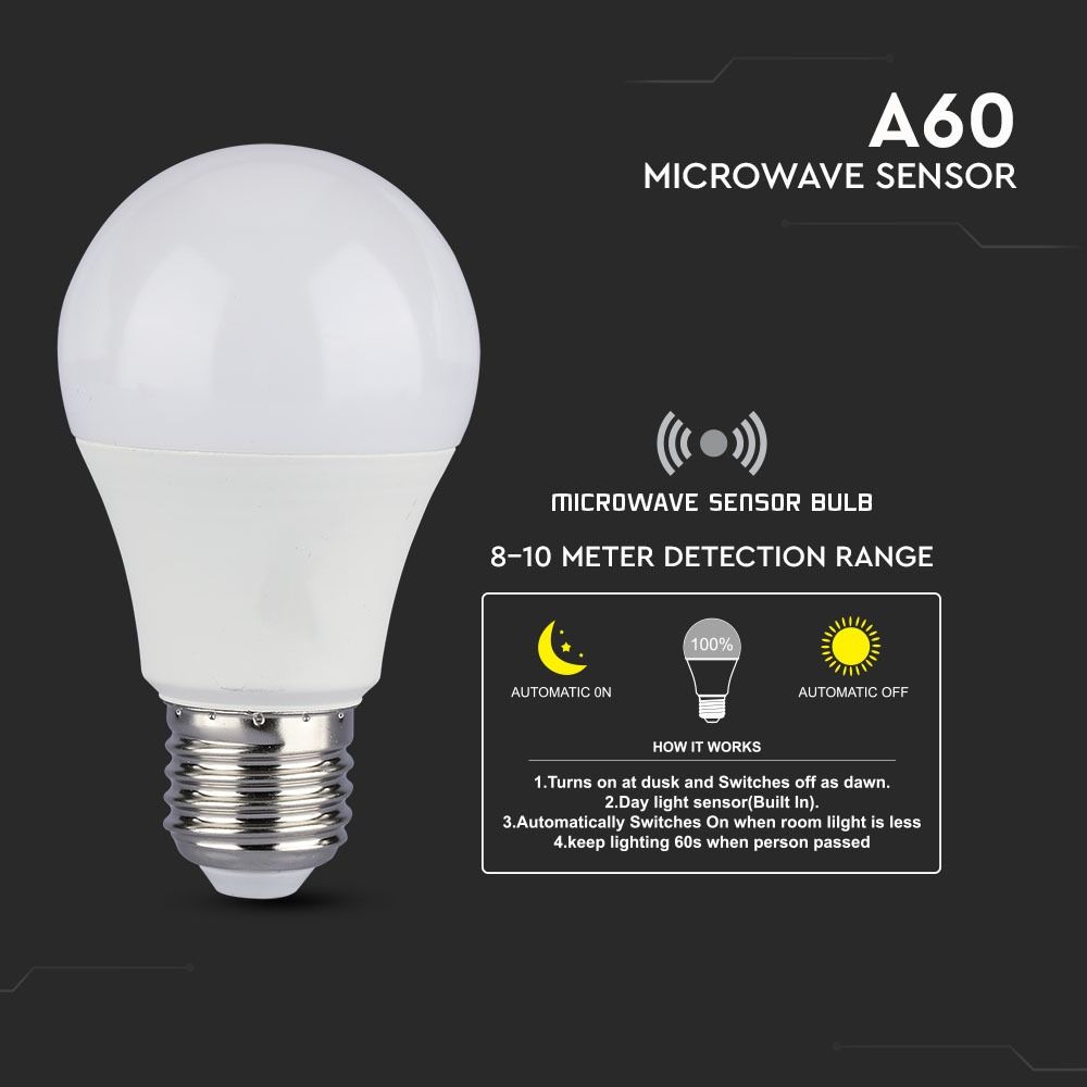 2762 LED крушка 9W E27 6400K микровълнов сензор VT-2219 V-TAC 5 LED крушка 9W E27 6400K микровълнов сензор VT-2219 V-TAC | AVStore