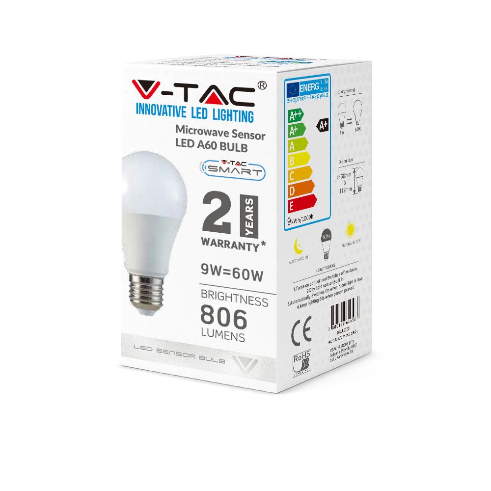 2762 LED крушка 9W E27 6400K микровълнов сензор VT-2219 V-TAC 8 LED крушка 9W E27 6400K микровълнов сензор VT-2219 V-TAC | AVStore