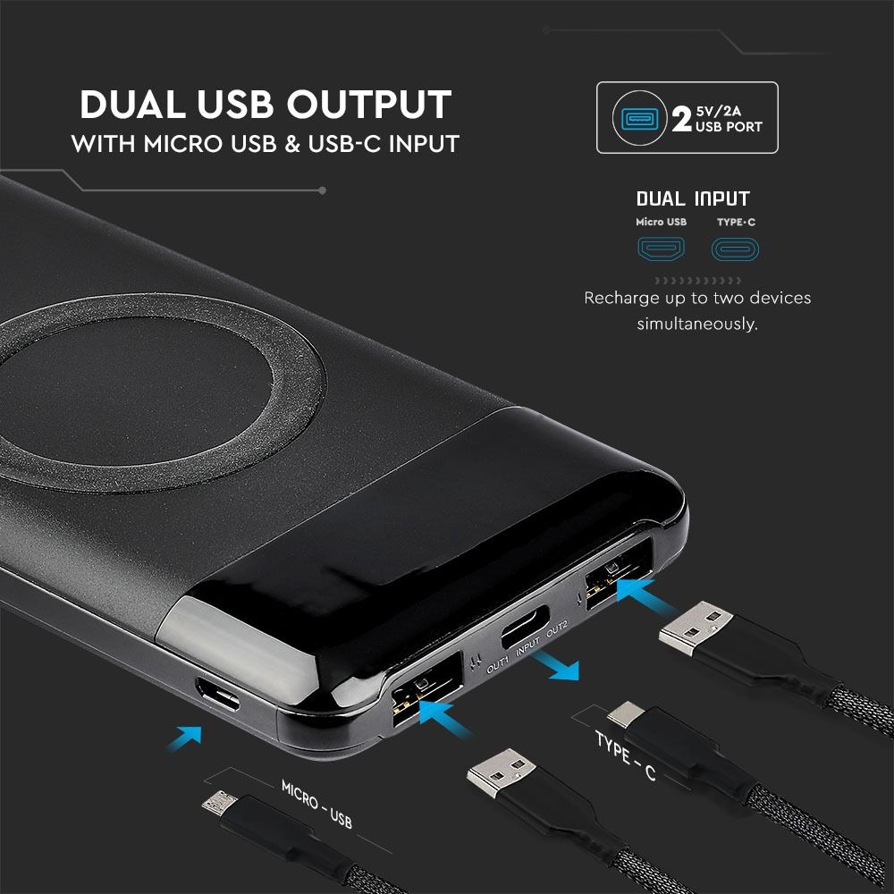 Външна батерия с безжично зареждане Power Bank USB C, microUSB 10000 mAh черна | 8905 | AVStore Външна батерия с безжично зареждане Power Bank USB C, microUSB 10000 mAh черна | AVStore
