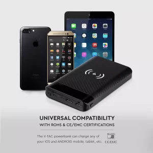 Външна батерия с безжично зареждане Power Bank USB C, Micro USB 20000 mAh VT-3508 V-TAC черна | AVStore