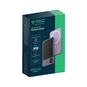 Външна батерия с безжично зареждане V-TAC 5000mAh Wireless Fast Charge 15W, лилава | AVStore