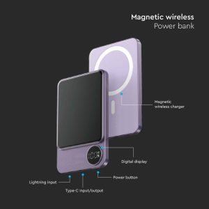 Външна батерия с безжично зареждане V-TAC 5000mAh Wireless Fast Charge 15W, лилава | AVStore