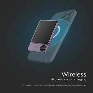 Външна батерия с безжично зареждане V-TAC 5000mAh Wireless Fast Charge 15W, лилава | AVStore