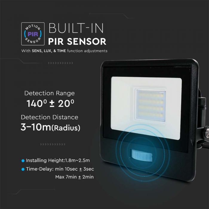 20259-i2_2 LED прожектор със сензор за движение 20W 3000K VT-128S V-TAC черен | Rotozoom