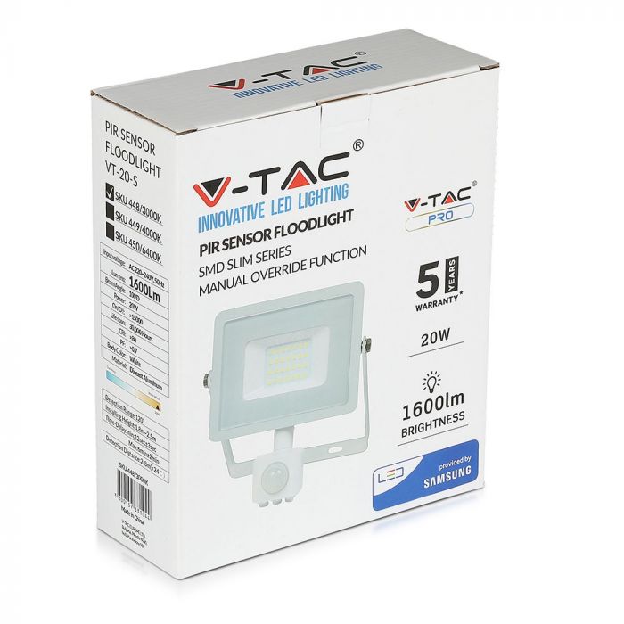 448-b_756 LED прожектор със сензор за движение 20W 6400K VT-20-S V-TAC бял | AVStore