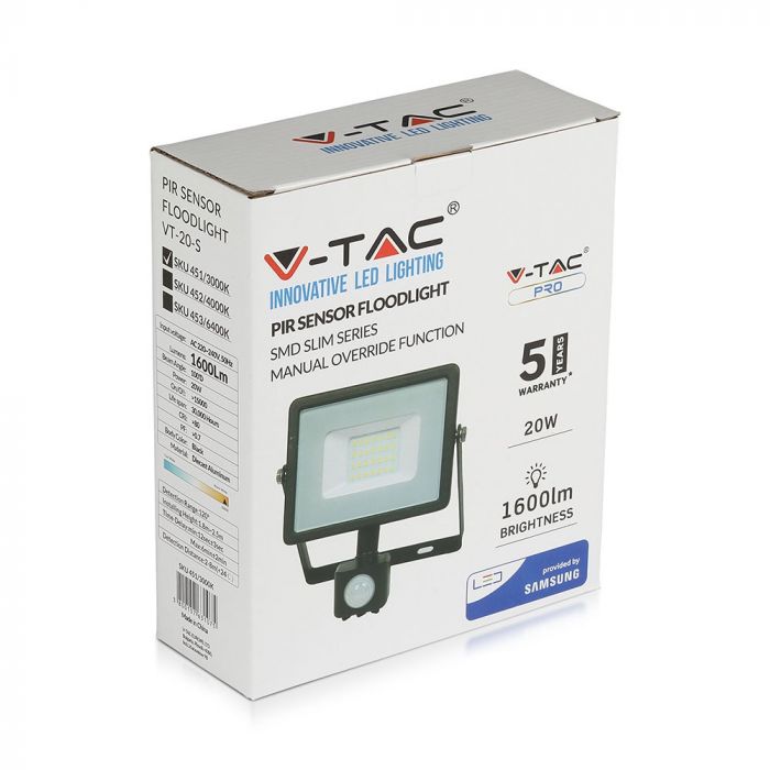 451-b_695 LED прожектор със сензор за движение 20W 3000K VT-20-S V-TAC черен | AVStore