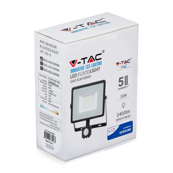 460-b_1044 LED прожектор със сензор за движение 30W 3000K VT-30-S V-TAC черен | AVStore