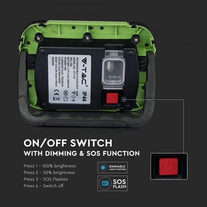 502-i4_161 LED прожектор 10W 6400K вградена батерия VT-11-R V-TAC черен/зелен | AVStore