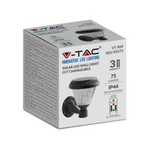 LED соларна стенна лампа 0.8W 3IN1 VT-969 V-TAC черна/дистанционно управление | AVStore