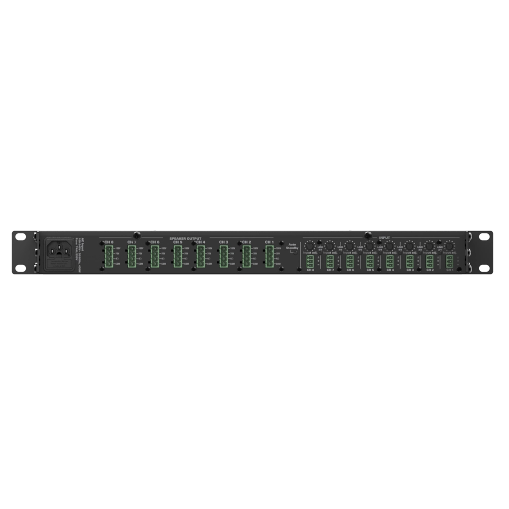 CEP803_back Професионален усилвател Audac CEP803 8 x 30W – 70/100V | Rotozoom