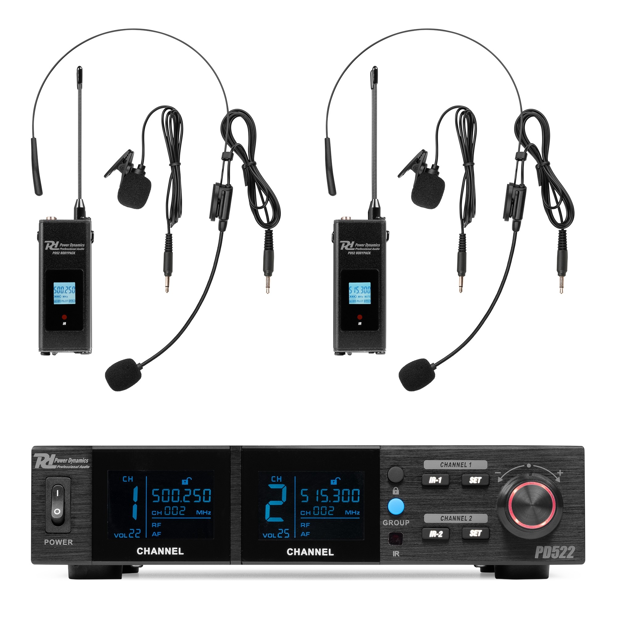 179032_side1_1 Безжичен микрофонен комплект Power Dynamics PD522B UHF с 2 микрофона 100 канала | AVStore