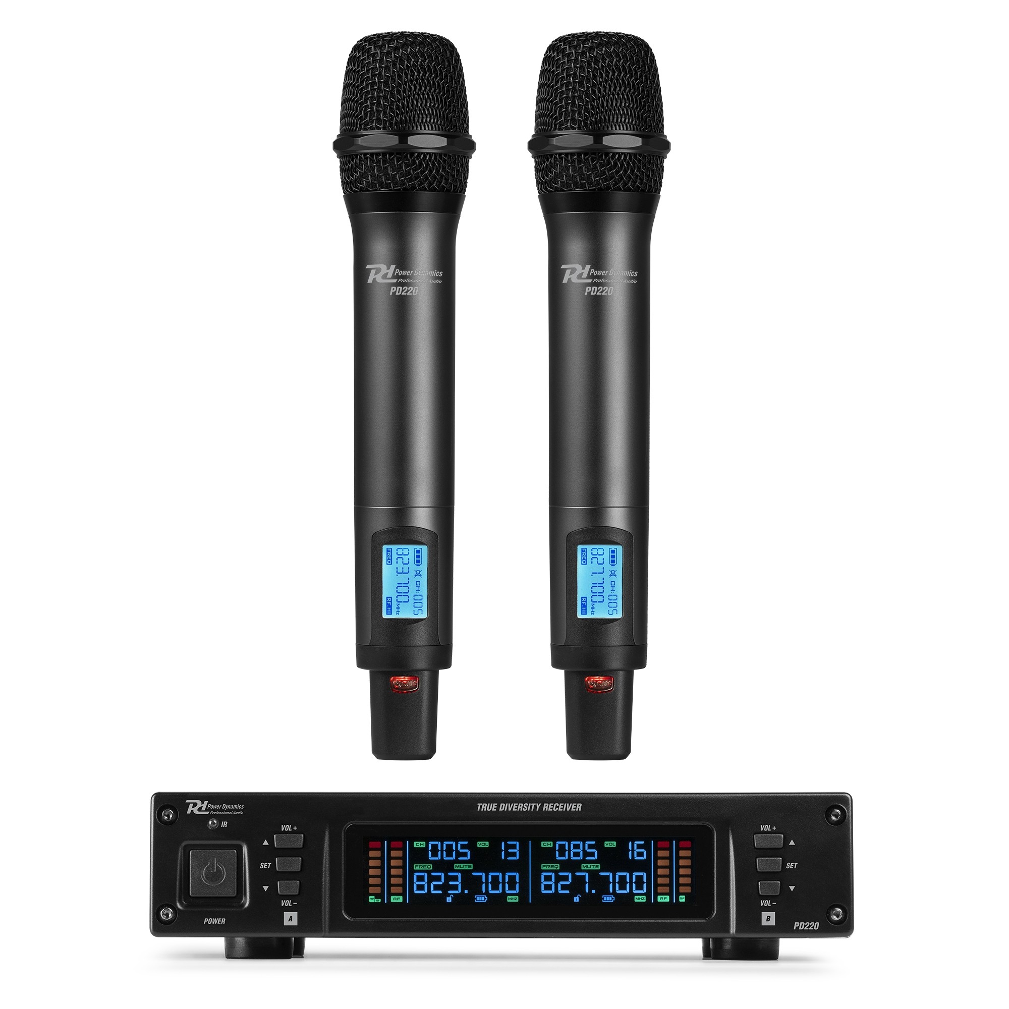 179035_side1_1 Безжичен микрофонен комплект Power Dynamics PD220 UHF с 2 ръчни микрофона 80 канала | AVStore
