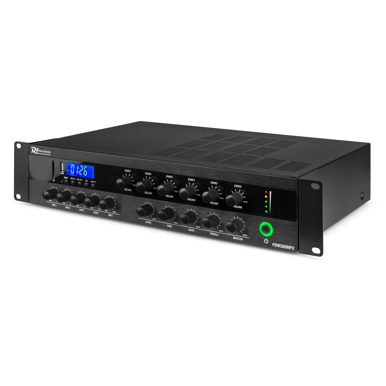 Усилвател Mixer Power Dynamics PDW360MP3 PA 360W/100V 6 Зони Усилвател Mixer Power Dynamics PDW360MP3 PA 360W/100V 6 Зони