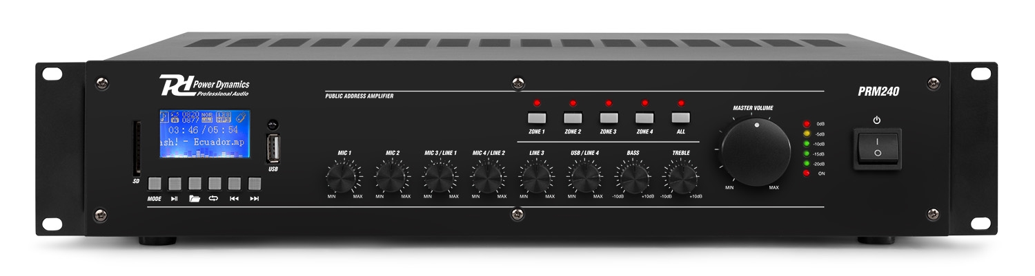 Mixer усилвател Power Dynamics PRM240 100V 240W 6 канала 4 Зони Mixer усилвател Power Dynamics PRM240 100V 240W 6 канала 4 Зони